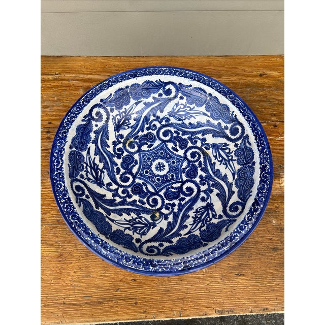 Blue Antique Fes, Morocco Blue Decorated Pottery Large Charger, Circa 1920s For Sale - Image 8 of 12