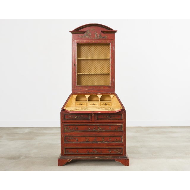 Brick Red English George III Style Lacquered Chinoiserie Secretary Bookcase For Sale - Image 8 of 12