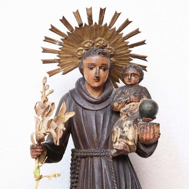 Traditional Saint Figure in Hand-Painted Wood, 1950 For Sale - Image 3 of 14