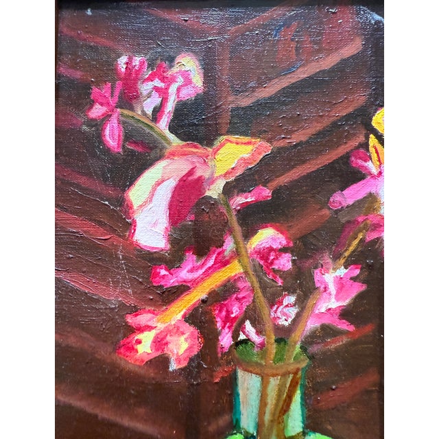 Mid-Century Modern Still Life of Pink Orchids in a Blue Vase, Oil Painting For Sale - Image 3 of 10
