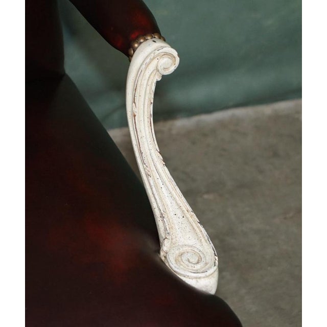 Vintage French Louis XV Style Oxblood Leather Armchair with Painted Frame For Sale - Image 12 of 18
