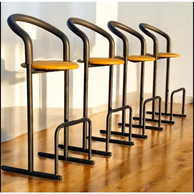 Set of Five 1980s Amisco Postmodern Tubular Steel and Yellow Leather Barstools For Sale - Image 18 of 18