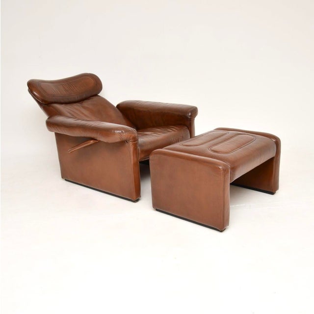Set of Vintage Italian Leather Reclining Armchair and Ottoman, 1960s For Sale - Image 4 of 14