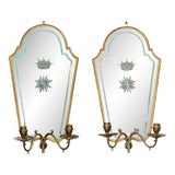 Pair of 20th Century Italian Giltwood Etched Mirror Two-Light Sconces For Sale