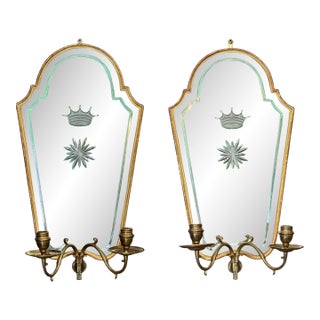 Pair of 20th Century Italian Giltwood Etched Mirror Two-Light Sconces For Sale
