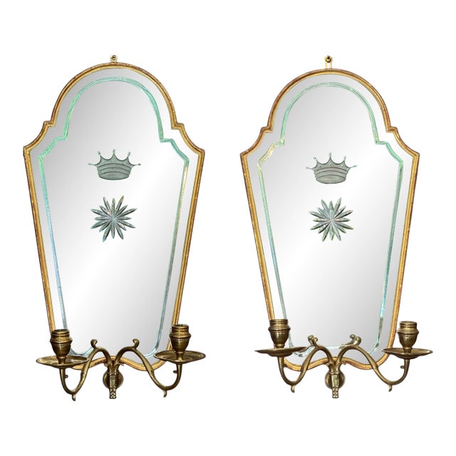 Pair of 20th Century Italian Giltwood Etched Mirror Two-Light Sconces For Sale