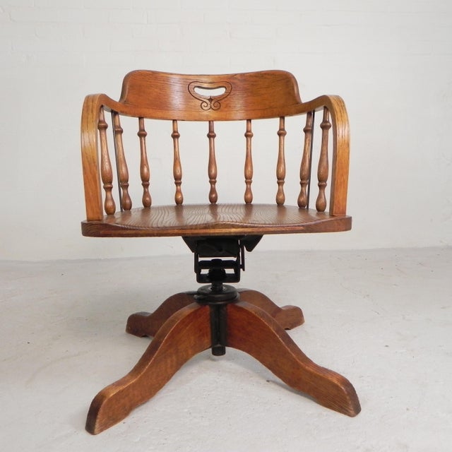 Height-Adjustable Oak Swivel Office Chair, 1930s For Sale - Image 12 of 18