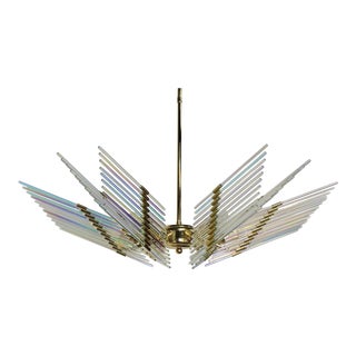 1980s Italian Modern Iridescent Glass Rod and Brass Chandelier For Sale