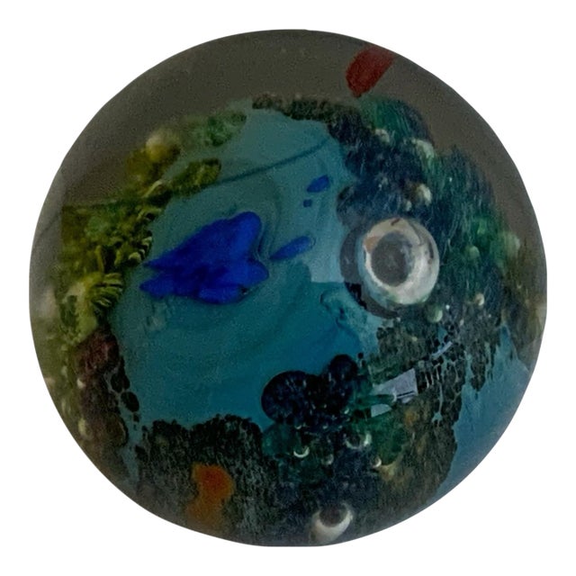 Vintage Josh Simpson Inhabited Planet Planetary Glass Marble Paperweight 2.75" Signed Made in Usa 1994 For Sale
