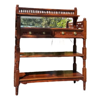 Vintage Mahogany Cheveret Bar Cart With Mirror & Glass Display | Traditional Hall Console For Sale