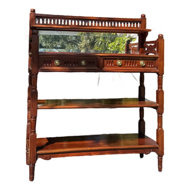 Vintage Mahogany Cheveret Bar Cart With Mirror & Glass Display | Traditional Hall Console For Sale