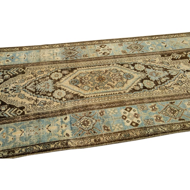 Antique Malayer Handmade Allover Designed Beige and Blue Wool Rug For Sale - Image 9 of 11