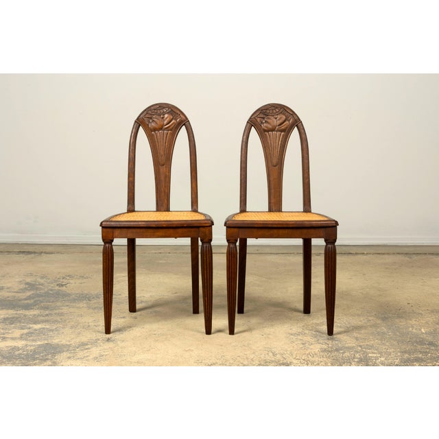 1930s Set of Six French Art Deco Carved Maple & Cane Dining Chairs For Sale - Image 17 of 18