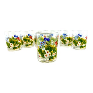 Vintage 1970's Hand Painted Floral Neiman Marcus Lowball Glassware, Set of 7 For Sale