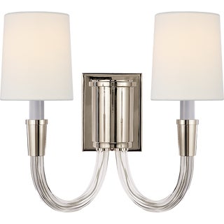 Thomas O'Brien for Visual Comfort Signature Vivian Double Sconce in Polished Nickel with Linen Shades For Sale