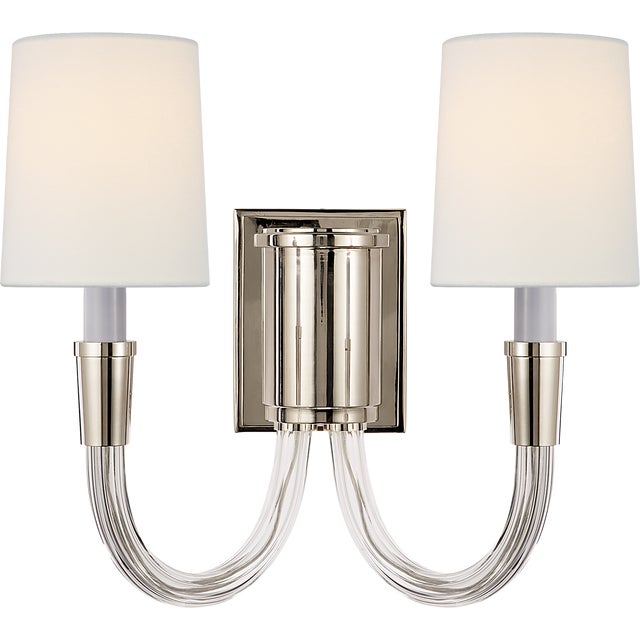 Thomas O'Brien for Visual Comfort Signature Vivian Double Sconce in Polished Nickel with Linen Shades For Sale