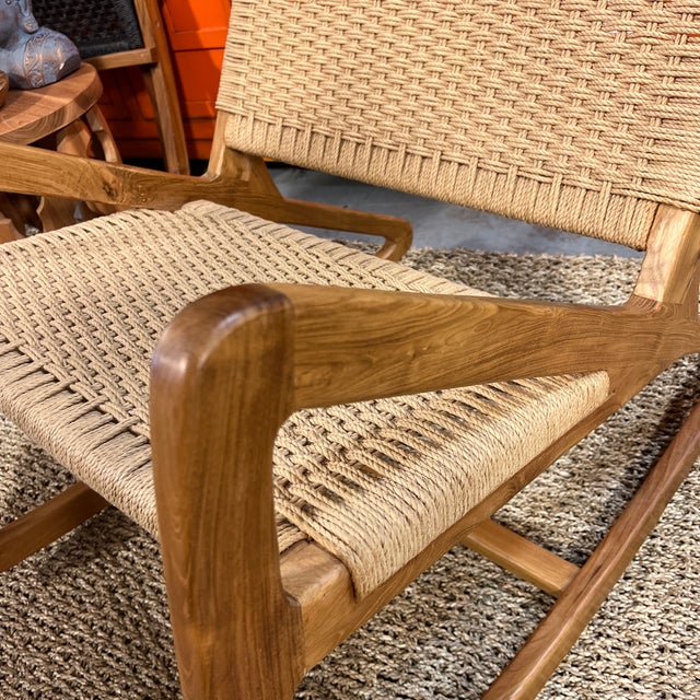 Boho Chic Teak and Natural Rope Rocking Chair | Chairish
