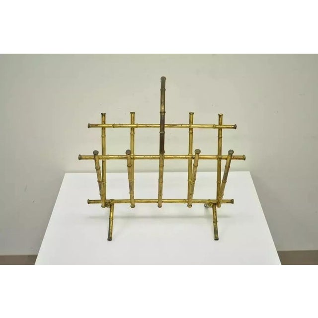 Vintage Italian Hollywood Regency Gold Gilt Faux Bamboo Tole Magazine Rack Holder. Circa Mid 20th Century. Measurements:...