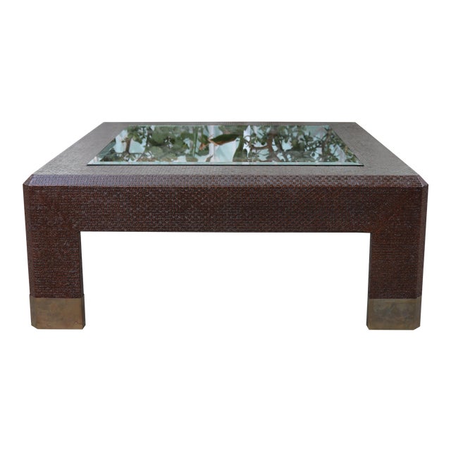 Karl Springer Style Rattan and Glass Coffee Table | Chairish