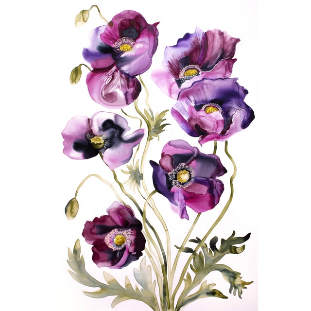 "Poppies No. 8" Contemporary Original Botanical Flower Watercolor Painting by Elizabeth Becker For Sale