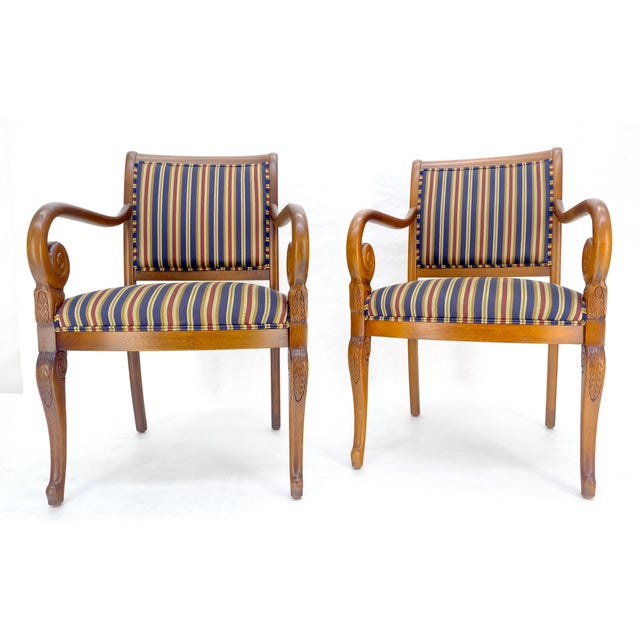 Pair of Regency Style Carved Open Arm Fireside Lounge Chairs Stripe Upholstery For Sale - Image 13 of 18