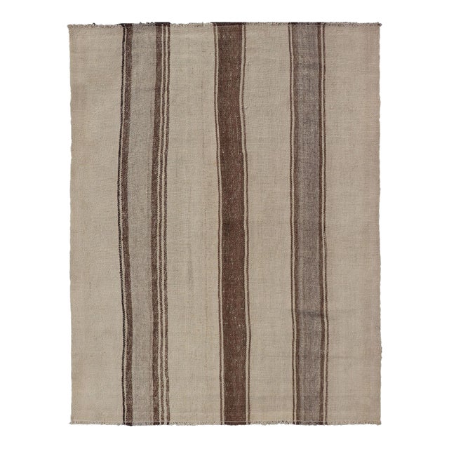 Vintage Turkish Kilim With Vertical Stripes in Tan, Taupe, Grey, Cream and Brown For Sale