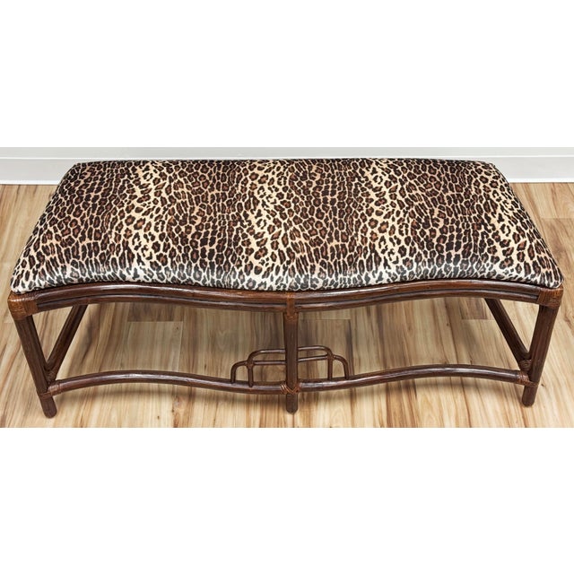 Chinoiserie Vintage Chinoiserie Style Leopard Print Velvet Upholstered Rattan Bench For Sale - Image 3 of 9
