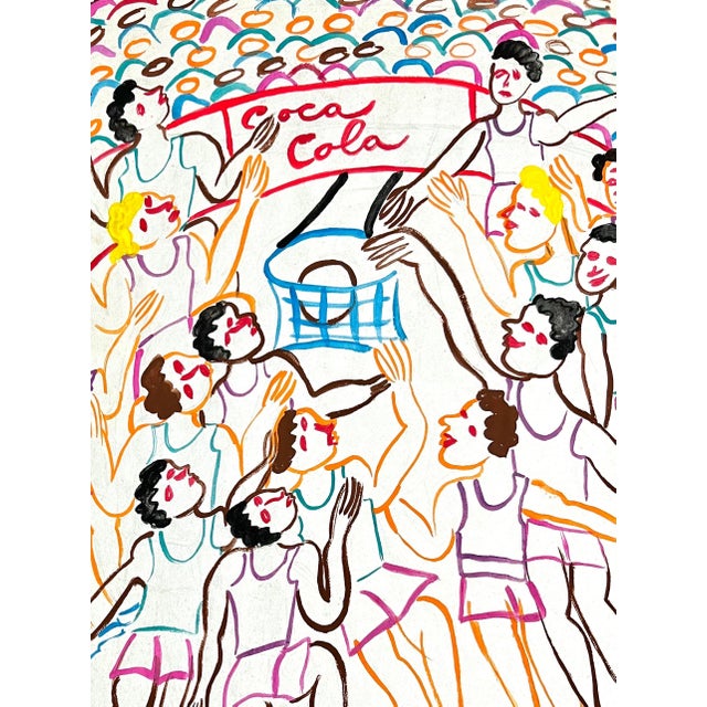 1980s Malcah Zeldis, Malcah Zeldis Folk Art Gouache Painting Sports Basketball Arena Coca Cola Sign, 1988 For Sale - Image 5 of 8