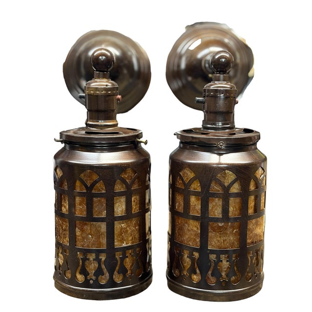 Pair Patinated Brass Lantern Sconces With Amber Mica Inserts For Sale - Image 4 of 7