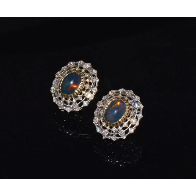 Contemporary Certified Natural 4.41Cts VS F Diamond Black Opal 18K Solid Gold Cocktail Earrings, A Pair For Sale - Image 3 of 10