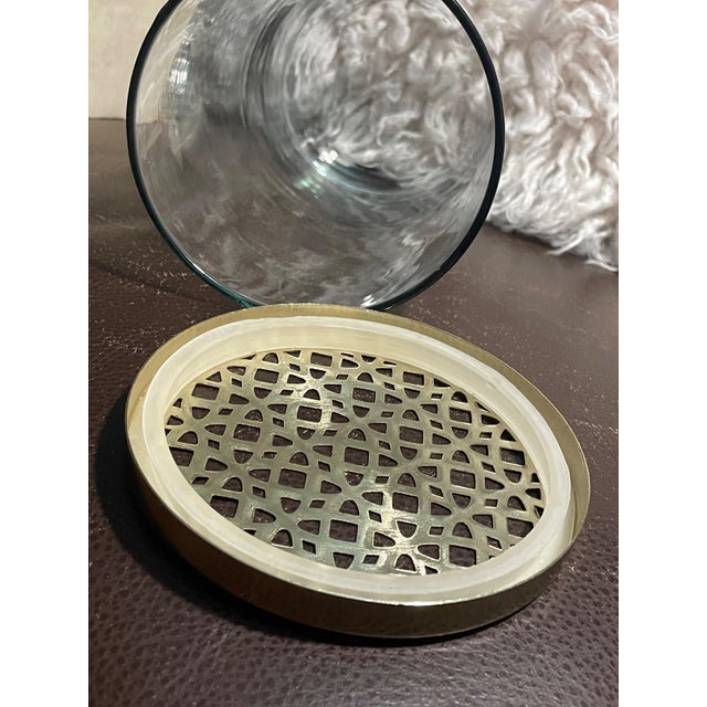 Transparent Modern Clear Glass Cylinder Vase With Gold Metal Floral Frog Lid For Sale - Image 8 of 8