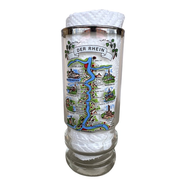 Vintage Beer Tumbler Glass With Map of Rhine River in Germany For Sale