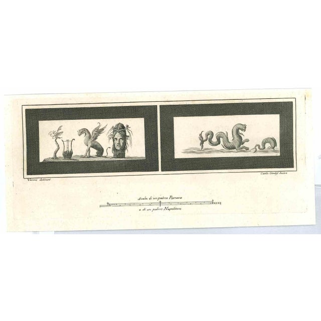 Ancient roman frescoes, from the series "antiquities of herculaneum", is an original etching on paper realized from a...