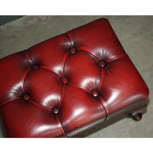 Antique Deep Buttoned Oxblood Leather and Hardwood Ottoman For Sale - Image 6 of 11