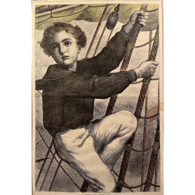 Victorian 1870 Antique Harpers Weekly Going Aloft Hand Colored Steel Engraving For Sale - Image 3 of 9