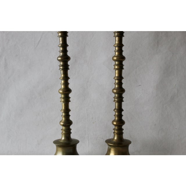 Vintage Mid Century Large Brass Altar Floor Candle Holders Patina, a Pair For Sale In Miami - Image 6 of 10