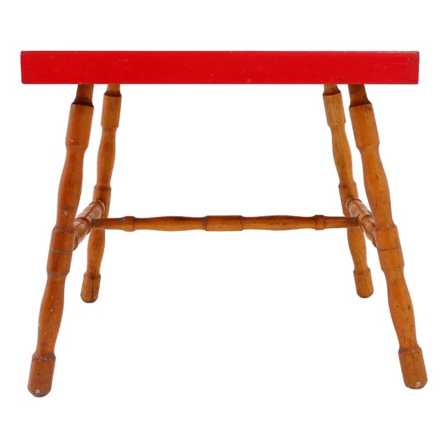 Small Side Table with Turned Legs and Red Top, 1950s For Sale