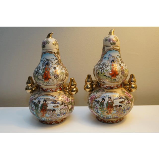 Japanese Reproduction Japanese Garden Scene Hand Painted Double Gourds - a Pair For Sale - Image 3 of 11
