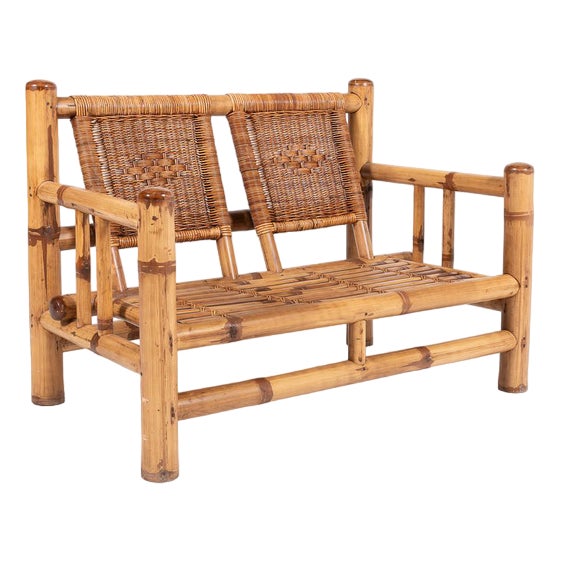 Italian Modern Bamboo & Wicker Bench, 1970s For Sale