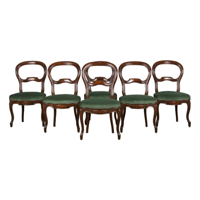 Antique French Louis XV Style Balloon Back Maple Dining Chairs W/ Green Velvet - Set of 6 For Sale