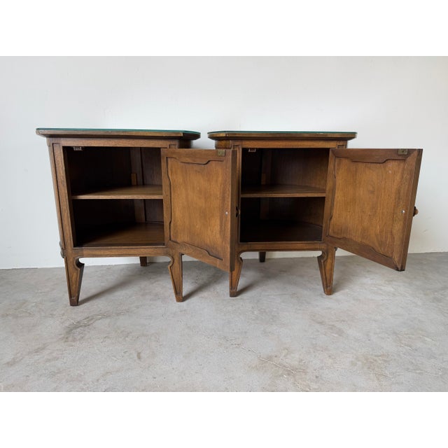 Harold Schwartz for Romweber Demilune Pecan Three-Leg End Tables / Nightstands- A Pair For Sale - Image 10 of 13