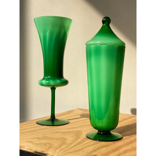 Vintage 1960s Kelly Green Optic Italian Empoli Glass Footed Vase