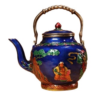 Late 20th Century Cloisonné Enamel "Two Immortals" Teapot With Figural Scenes For Sale