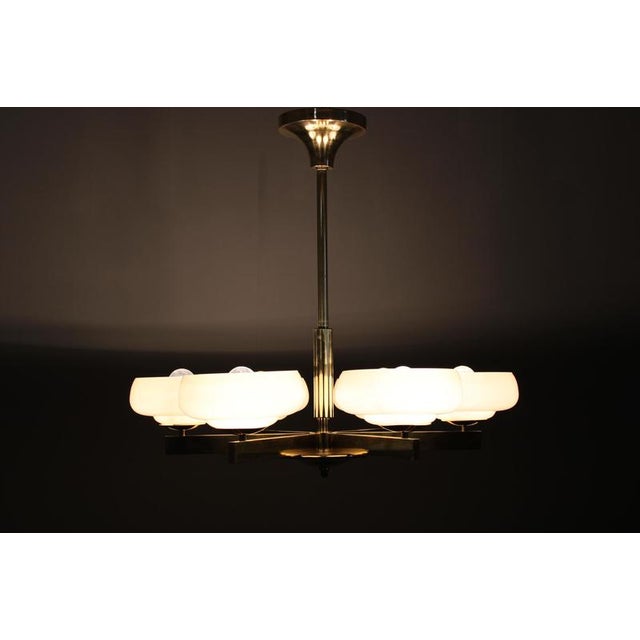 Art Deco Brass Chandelier with Opaline Glass, Czechoslovakia, 1930s For Sale - Image 13 of 15