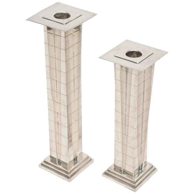 Vintage Silver Plate Deco Style "Skyscraper" Candlesticks 1960's For Sale