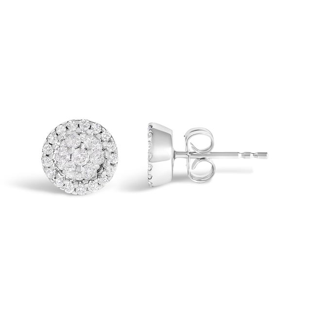 Contemporary 14K White Gold 1/2 Cttw Brilliant-Cut Diamond Halo-Style Cluster Round Button Stud Earrings (H-I Color, I1-I2 Clarity) For Sale - Image 3 of 6