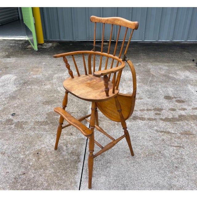Brown Folk Art Quilted Maple Windsor Slat Back Style Wood High Chair for Baby or Child For Sale - Image 8 of 11
