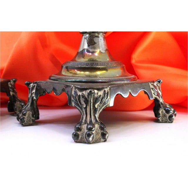 Metal Square Silver Candlesticks with Turned Shafts, Engraved Reliefs and Claw-Shaped Feet, Set of 2 For Sale - Image 7 of 8