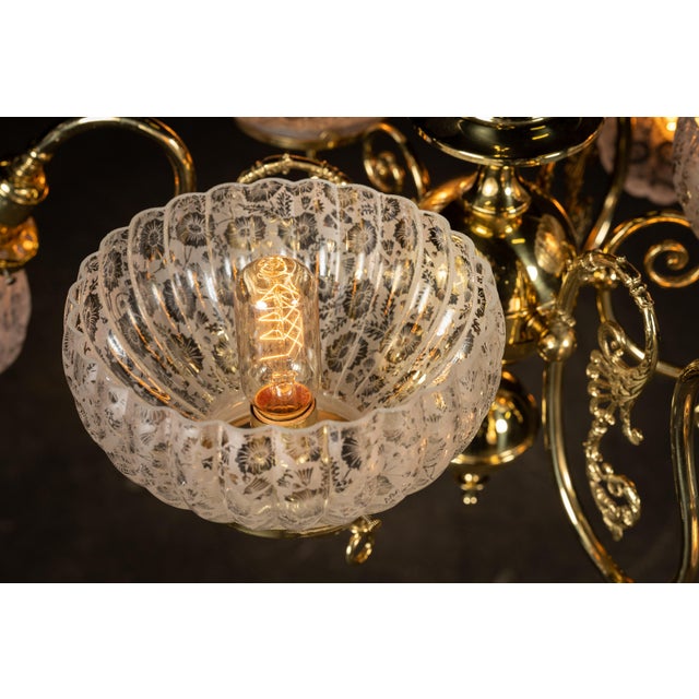 Mid 20th Century Vintage Brass Chandelier With Etched Glass Shades For Sale - Image 5 of 9