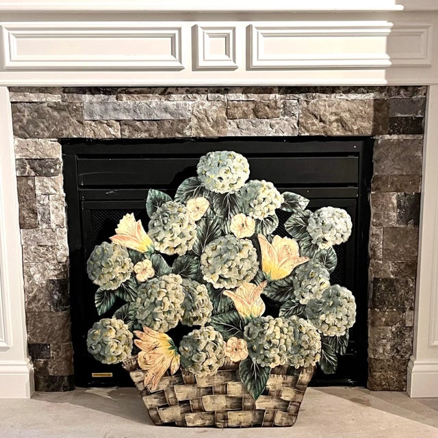 Rustic Vintage Metal Toleware Hand Painted and Signed Blue Hydrangea Fireplace Screen / Dummy Board For Sale - Image 3 of 12